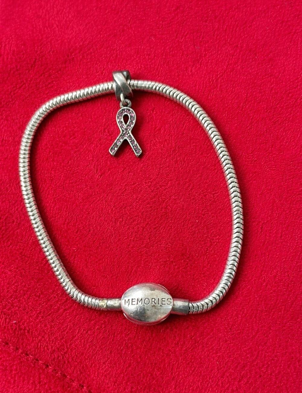 Charmed Memories Kay Jewelers Sterling Silver Snake Bracelet 7.5" Breast Cancer